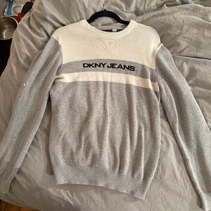 DKNY Jeans Grey Logo Stripe Knit Sweater Crewneck Minimalist Medium